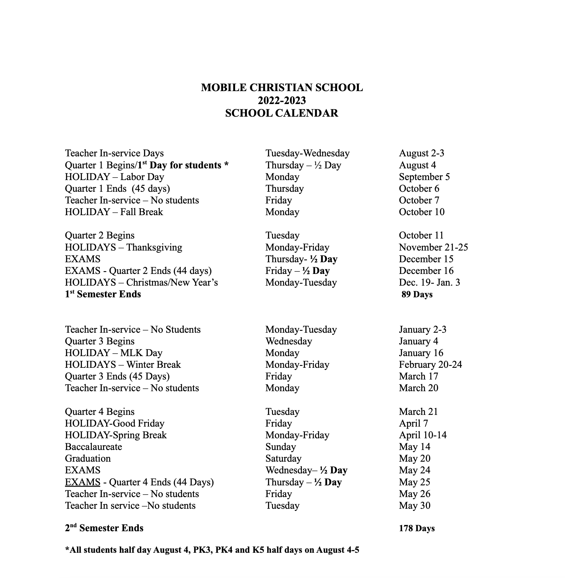 2022-2023 School Calendar - Mobile Christian School